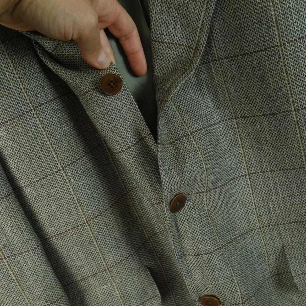 J. Crew Oarsman Vintage 41R Silk Linen Windowpane Blazer Sport Coat‎ Plaid USA